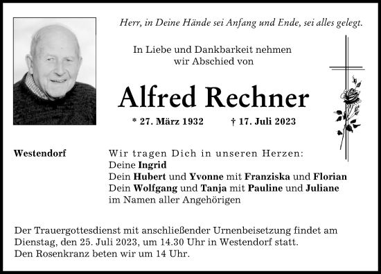 Traueranzeige von Alfred Rechner von Augsburg-Land