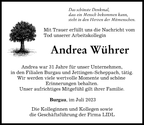 Traueranzeige von Andrea Wührer von Günzburger Zeitung