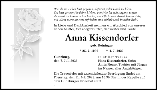 Traueranzeige von Anna Kissendorfer von Günzburger Zeitung