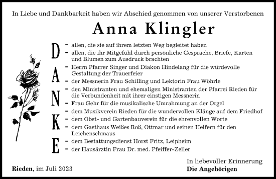 Traueranzeige von Anna Klingler von Günzburger Zeitung