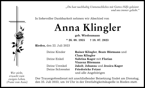 Traueranzeige von Anna Klingler von Günzburger Zeitung