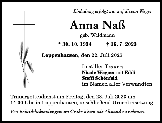 Traueranzeige von Anna Naß von Mindelheimer Zeitung