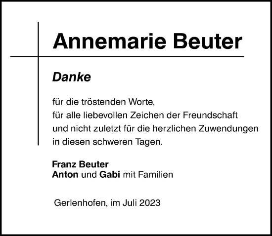 Traueranzeige von Annemarie Beuter von Augsburger Allgemeine, Neu-Ulmer Zeitung
