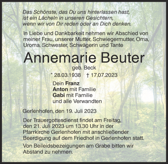 Traueranzeige von Annemarie Beuter von Augsburger Allgemeine, Neu-Ulmer Zeitung