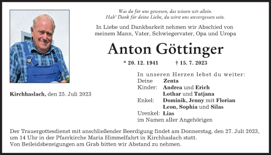 Traueranzeige von Anton Göttinger von Illertisser Zeitung