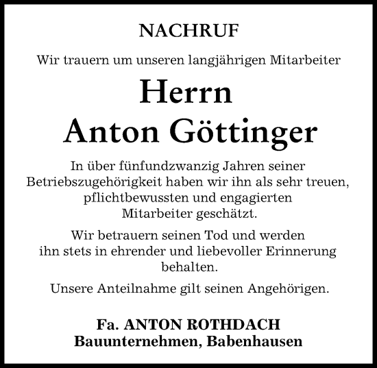 Traueranzeige von Anton Göttinger von Illertisser Zeitung