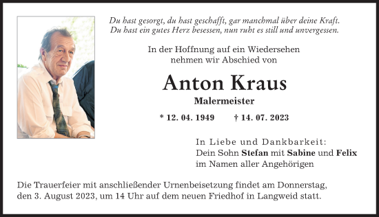 Traueranzeige von Anton Kraus von Augsburger Allgemeine