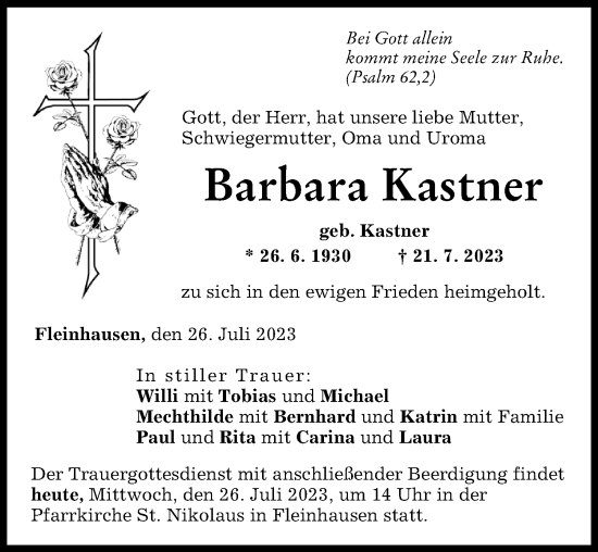 Traueranzeige von Barbara Kastner von Augsburg-Land