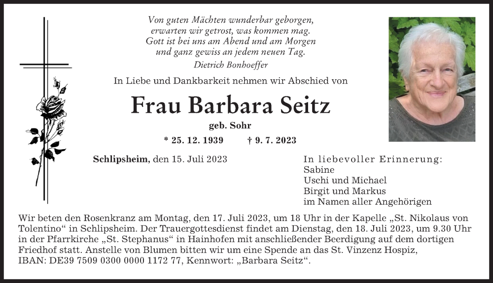  Traueranzeige für Barbara Seitz vom 15.07.2023 aus Augsburger Allgemeine