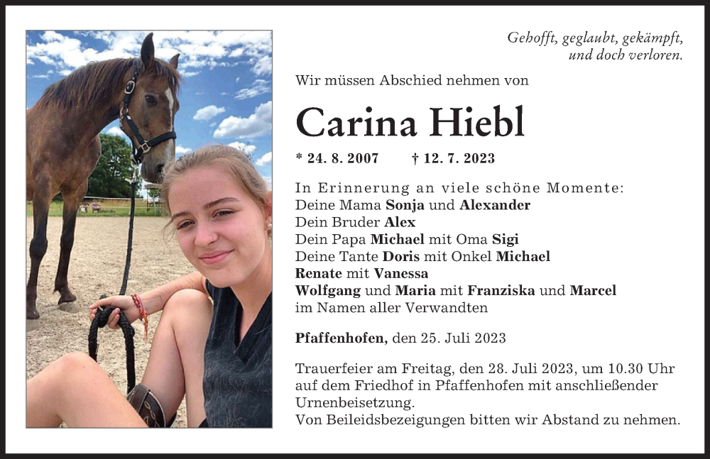  Traueranzeige für Carina Hiebl vom 25.07.2023 aus Neu-Ulmer Zeitung