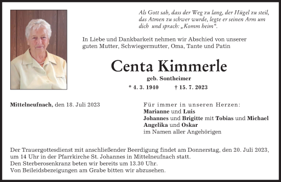 Traueranzeige von Centa Kimmerle von Mindelheimer Zeitung, Schwabmünchner Allgemeine