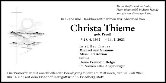 Traueranzeige von Christa Thieme von Friedberger Allgemeine