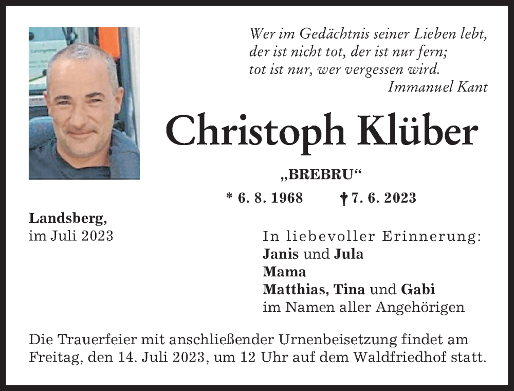  Traueranzeige für Christoph Klüber vom 08.07.2023 aus Landsberger Tagblatt