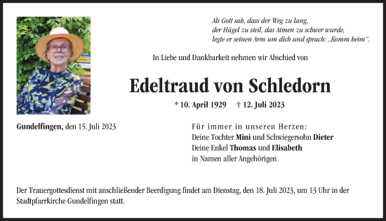 Traueranzeige von Edeltraud von Schledorn von Donau Zeitung
