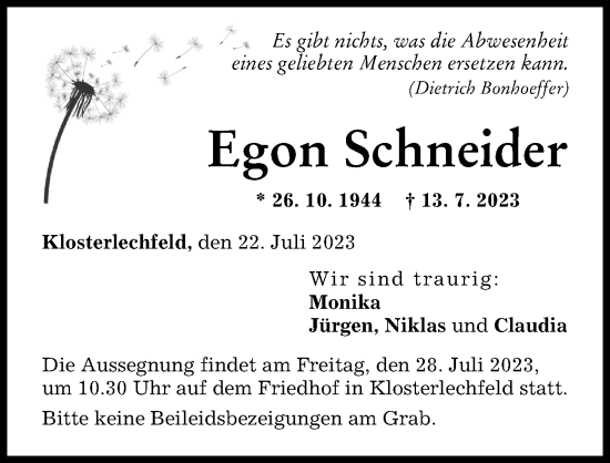 Traueranzeige von Egon Schneider von Schwabmünchner Allgemeine