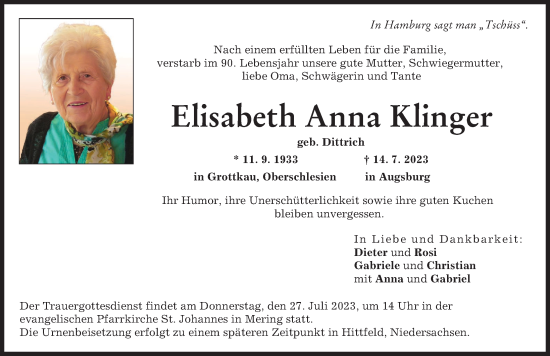 Traueranzeige von Elisabeth Anna Klinger von Friedberger Allgemeine