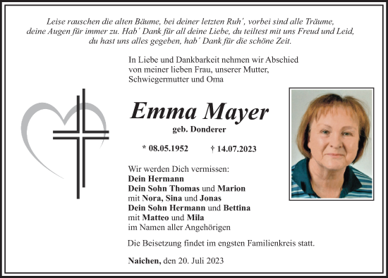 Traueranzeige von Emma Mayer von Mittelschwäbische Nachrichten