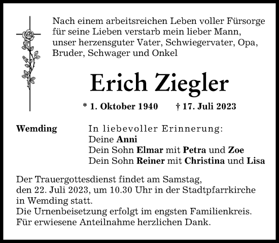 Traueranzeige von Erich Ziegler von Donauwörther Zeitung