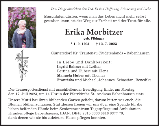 Traueranzeige von Erika Morbitzer von Illertisser Zeitung