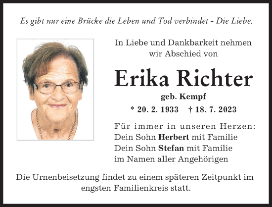 Traueranzeige von Erika Richter von Schwabmünchner Allgemeine