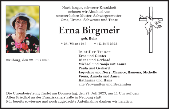 Traueranzeige von Erna Birgmeir von Neuburger Rundschau