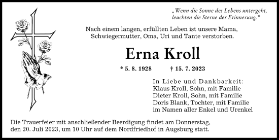 Traueranzeige von Erna Kroll von Augsburger Allgemeine
