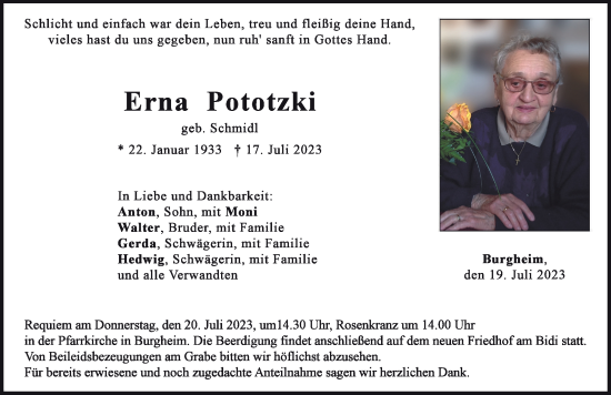 Traueranzeige von Erna Pototzki von Neuburger Rundschau