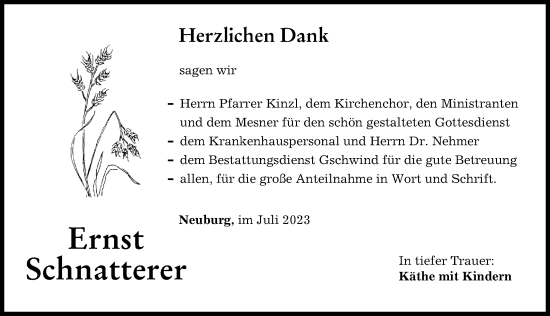 Traueranzeige von Ernst Schnatterer von Mittelschwäbische Nachrichten
