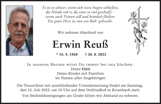 Traueranzeige von Erwin Reuß von Mittelschwäbische Nachrichten