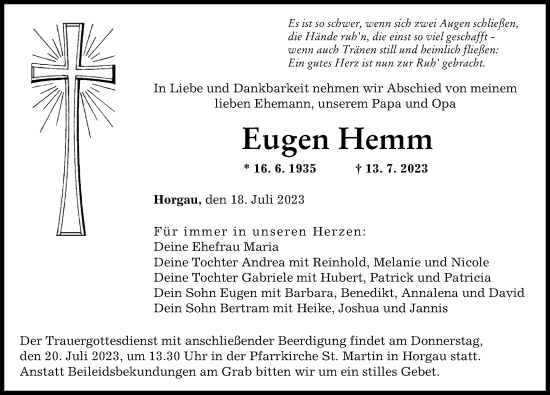 Traueranzeige von Eugen Hemm von Augsburger Allgemeine