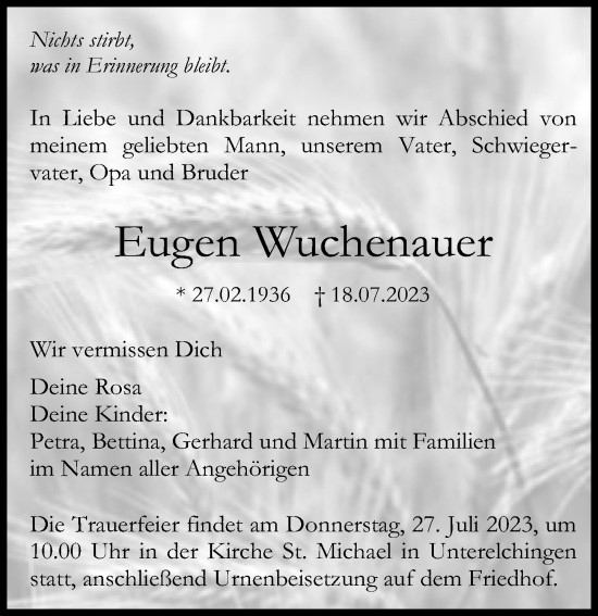 Traueranzeige von Eugen Wuchenauer von Neu-Ulmer Zeitung