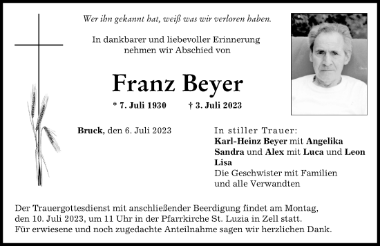 Traueranzeige von Franz Beyer von Neuburger Rundschau