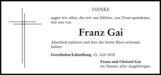 Traueranzeige von Franz Gai von Augsburg-Land