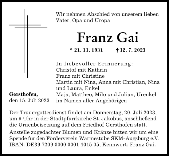 Traueranzeige von Franz Gai von Augsburger Allgemeine