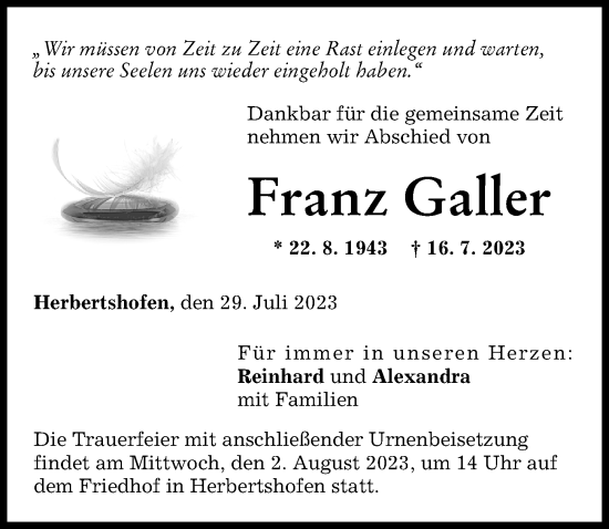 Traueranzeige von Franz Galler von Augsburg-Land