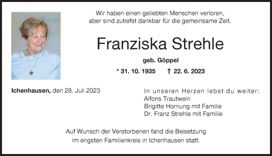 Traueranzeige von Franziska Strehle von Günzburger Zeitung