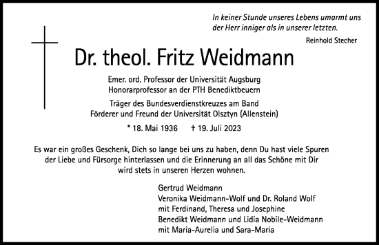 Traueranzeige von Fritz Weidmann von Augsburger Allgemeine