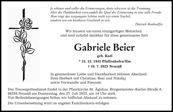 Traueranzeige von Gabriele Beier von Augsburger Allgemeine