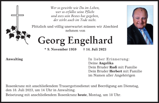 Traueranzeige von Georg Engelhard von Augsburger Allgemeine, Aichacher Nachrichten