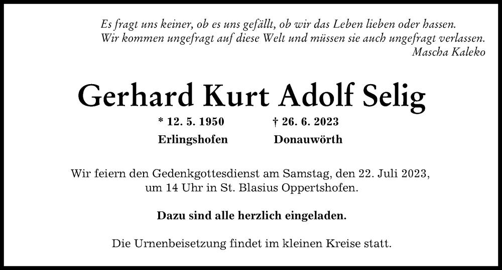  Traueranzeige für Gerhard Kurt Adolf Selig vom 15.07.2023 aus Donau Zeitung, Donauwörther Zeitung