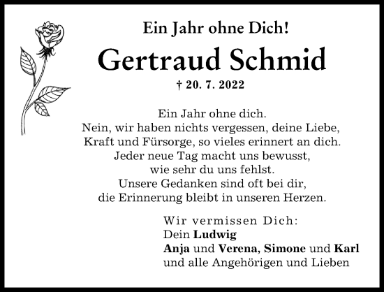 Traueranzeige von Gertraud Schmid von Augsburg-Land