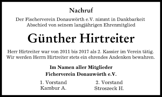 Traueranzeige von Günther Hirtreiter von Donauwörther Zeitung