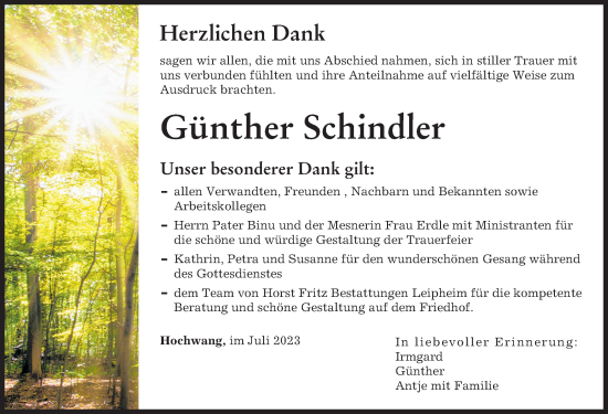 Traueranzeige von Günther Schindler von Günzburger Zeitung