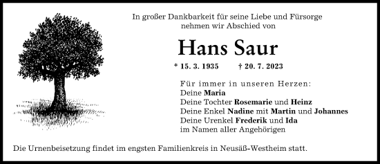 Traueranzeige von Hans Saur von Günzburger Zeitung
