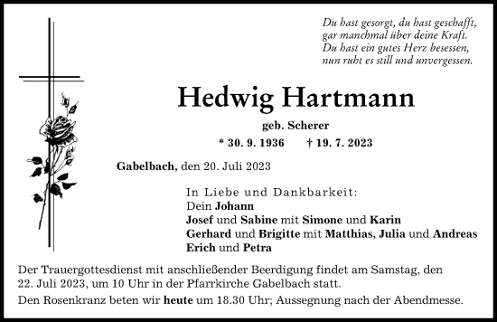 Traueranzeige von Hedwig Hartmann von Augsburg-Land
