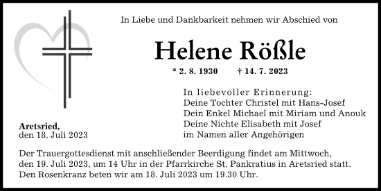 Traueranzeige von Helene Rößle von Augsburger Allgemeine