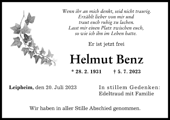 Traueranzeige von Helmut Benz von Günzburger Zeitung