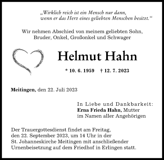 Traueranzeige von Helmut Hahn von Augsburg-Land