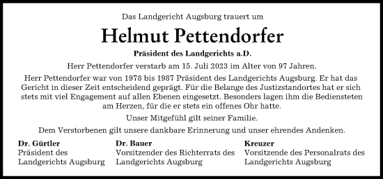Traueranzeige von Helmut Pettendorfer von Donau Zeitung, Augsburger Allgemeine
