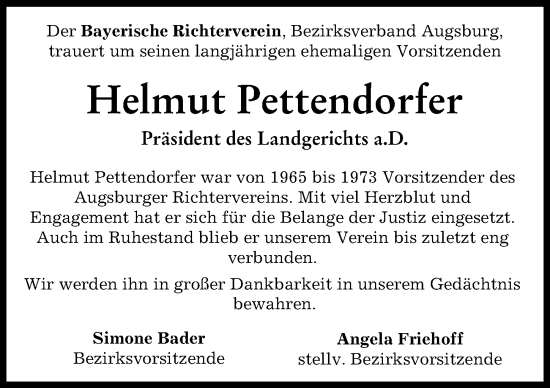 Traueranzeige von Helmut Pettendorfer von Donau Zeitung, Augsburger Allgemeine